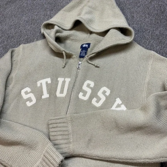 VTG Stussy Wool Blend Chunky Knit Full Zip Hoodie Sweater Mens L Baggy Y2K Skate - Picture 1 of 11